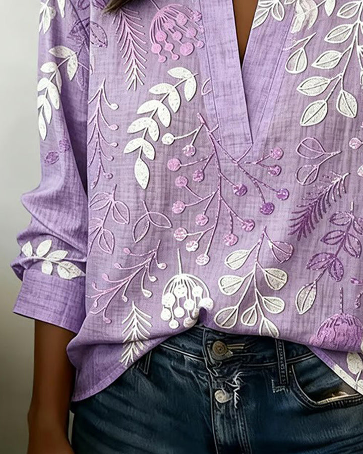 Women's Floral Print Linen V-Neck Long Sleeve Blouse