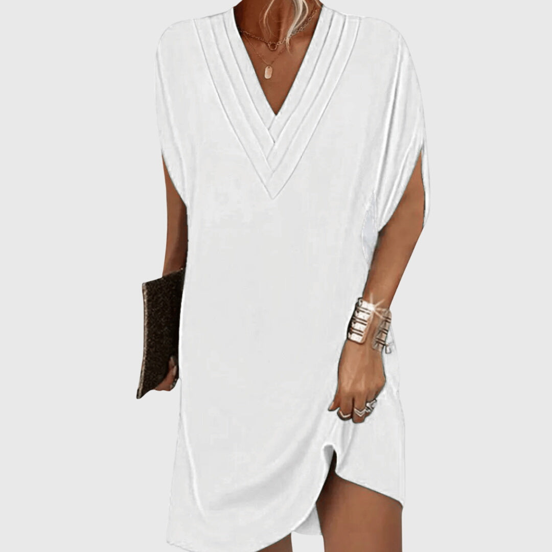 Women's Linen Blend V-Neck Short Sleeve Casual Mini Dress