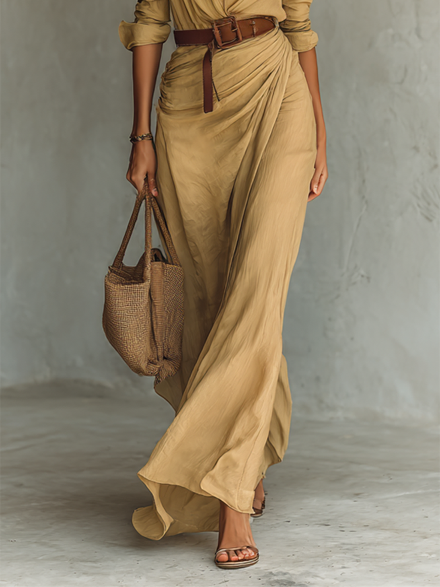 Women's Long Sleeve Belted Linen Blend Maxi Shirt Dress