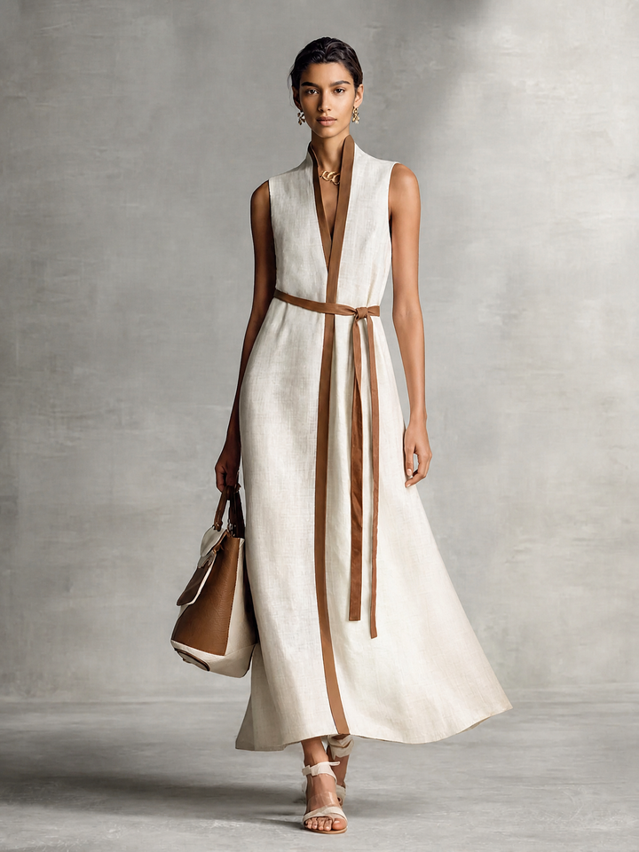 Women's Linen Sleeveless Plunge V-Neck Belted Maxi Dress