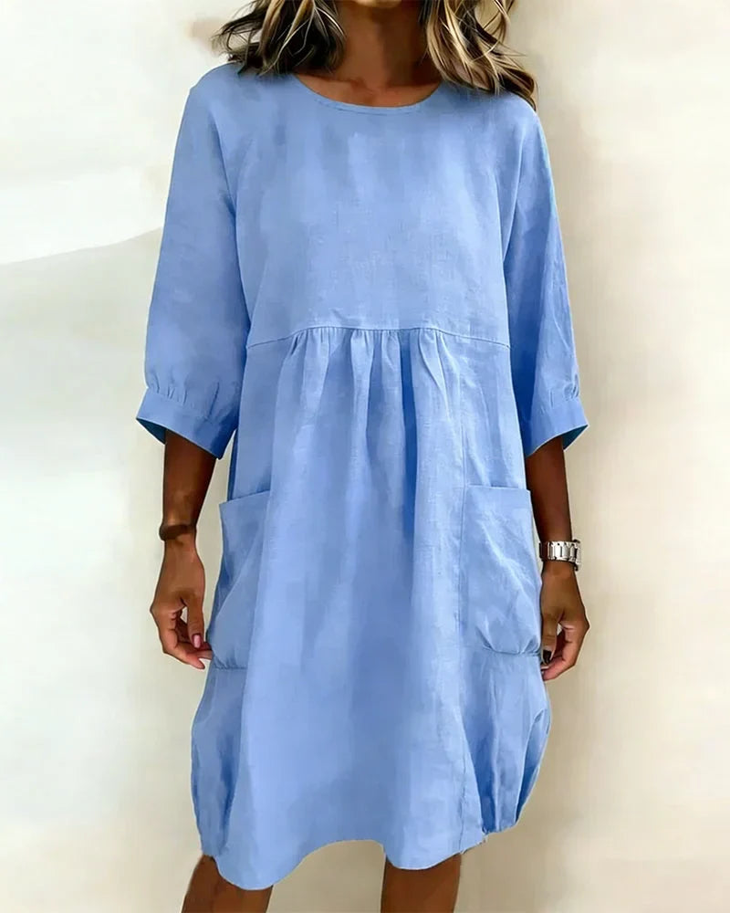 Women's Linen Crewneck Pocket Gathered Loose Dress