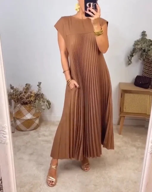 Women's Pleated Linen Maxi Dress Casual Sundress Loose Fit