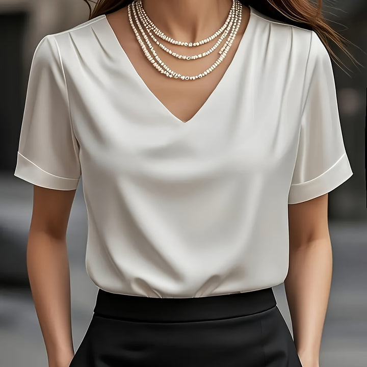 Women's Satin Blouse V Neck Short Sleeve Top Elegant Shirt
