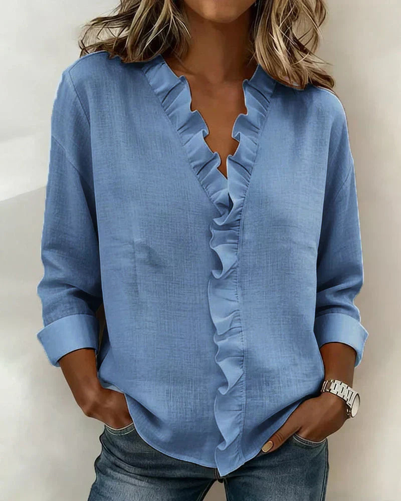 Women's Linen Ruffle V-Neck Long-Sleeve Blouse