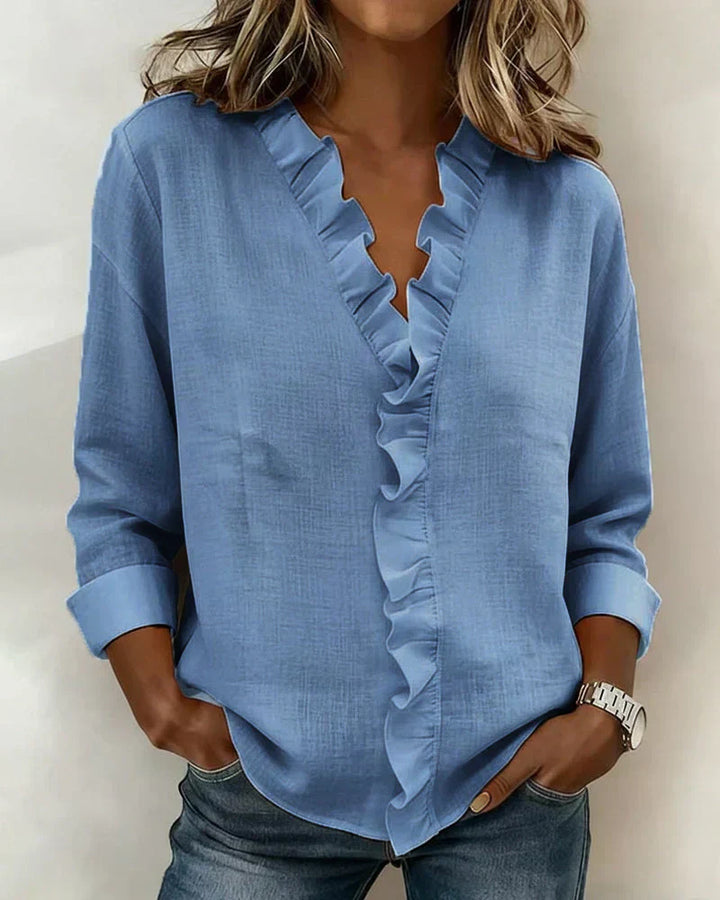 Women's Linen Ruffle V-Neck Long-Sleeve Blouse