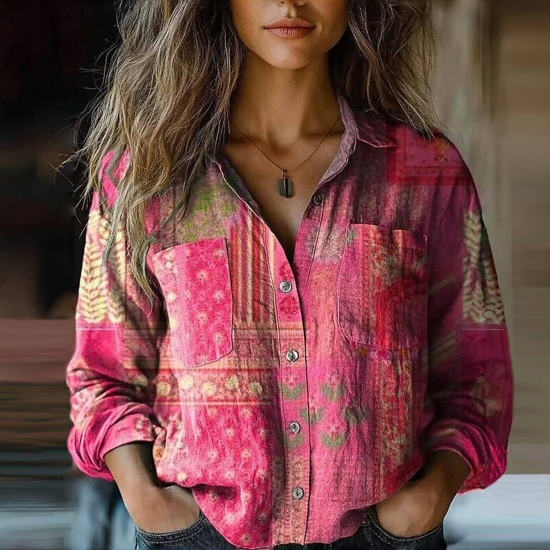 Women's Blouse Cotton Vintage Print Summer Long Sleeve Shirt