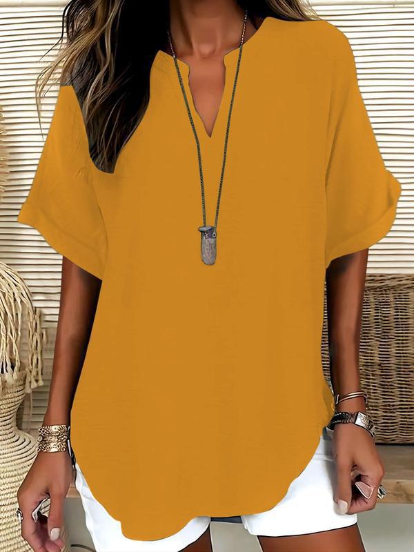 Women Linen Blouse V Neck Short Sleeve Casual Tunic Top