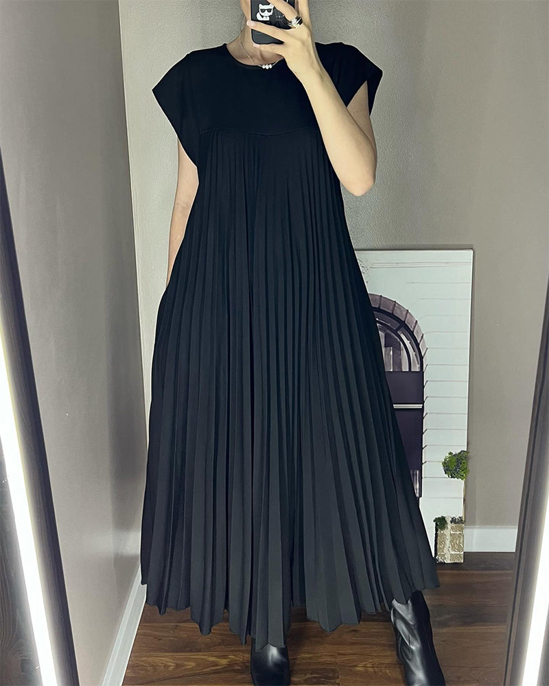 Women's Pleated Linen Maxi Dress Casual Sundress Loose Fit