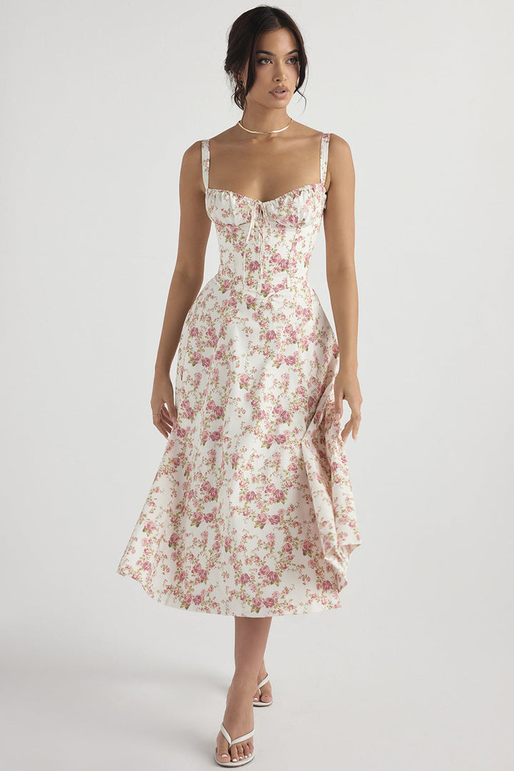 Women's Floral Linen Midi Dress Cocktail Party Dress