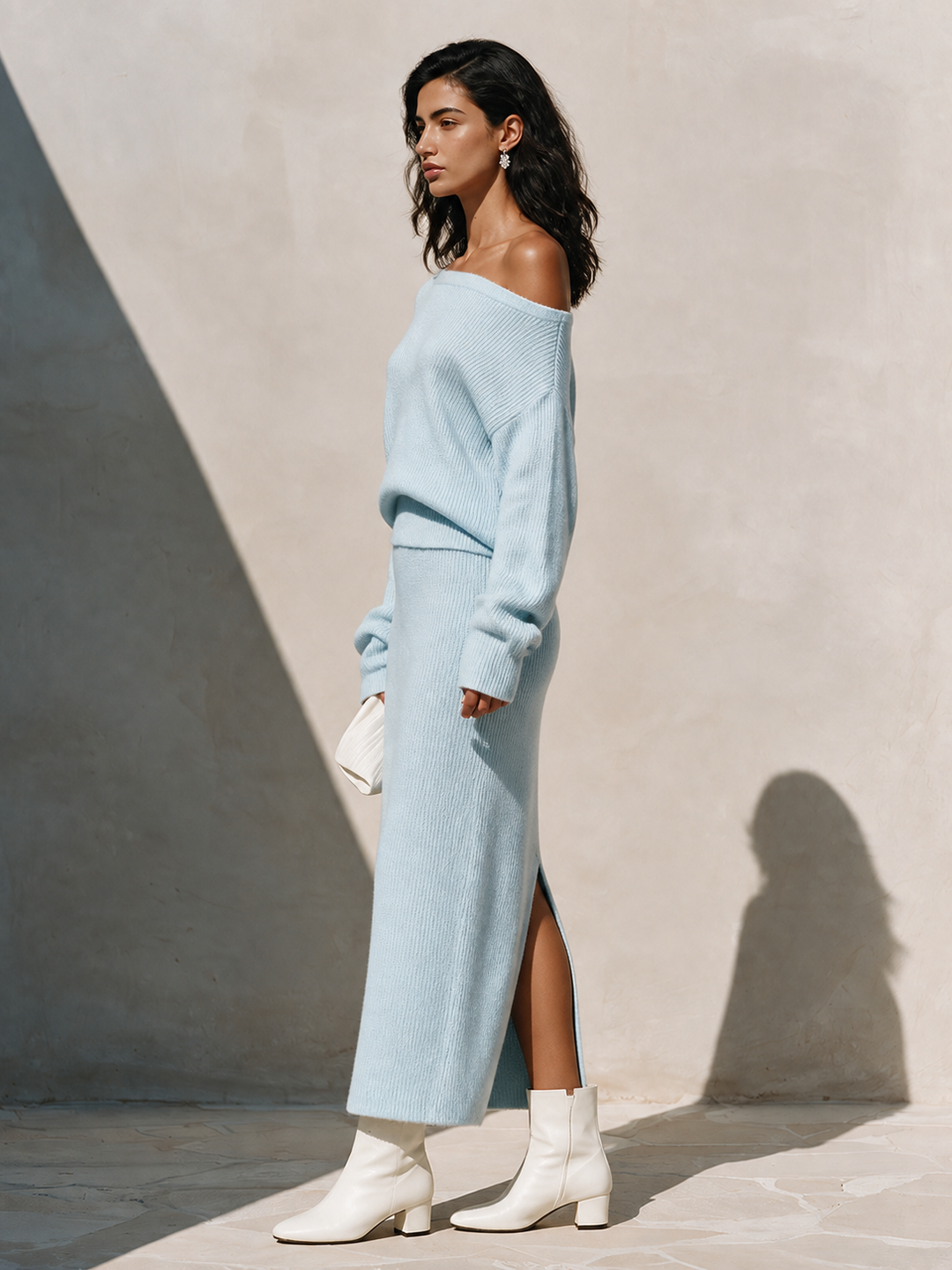 Women's Knit Off-Shoulder Sweater and Midi Skirt Set
