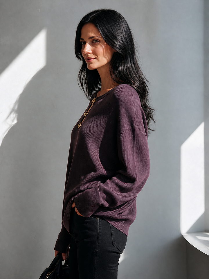Pull-over en maille pour femme, coupe ample, manches longues et col ras du cou