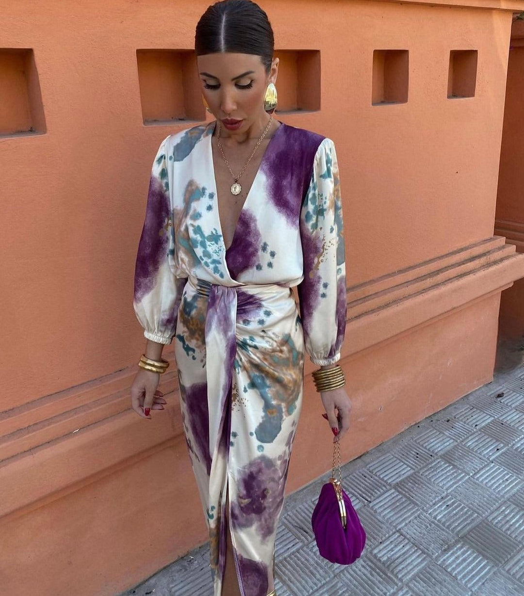 Women's Wrap Satin Long Sleeve V Neck Tie Dye Midi Dress