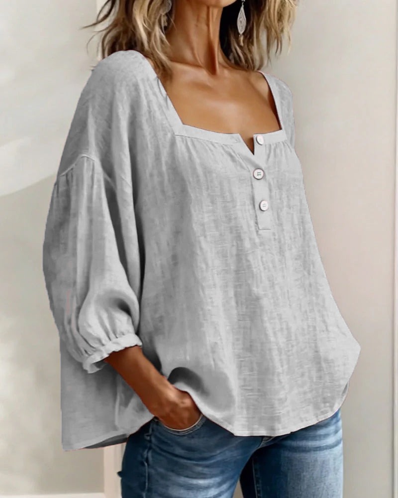 Women's Linen Blouse Square Neck Long Sleeve Casual Top Shirt