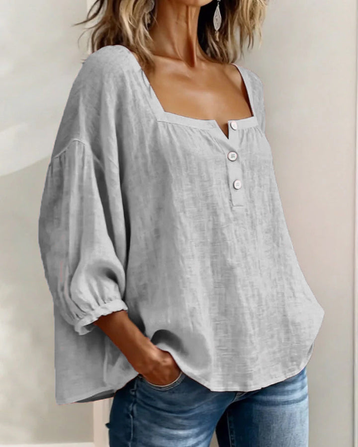 Women's Linen Blouse Square Neck Long Sleeve Casual Top Shirt