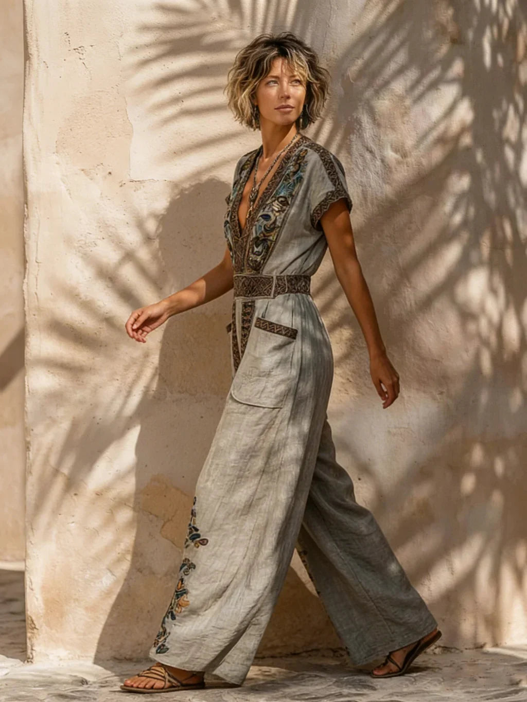Women's Boho Printed Linen V-Neck Wide Leg Jumpsuit