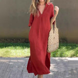 Robe longue caftan pour femme en lin, col en V et manches courtes