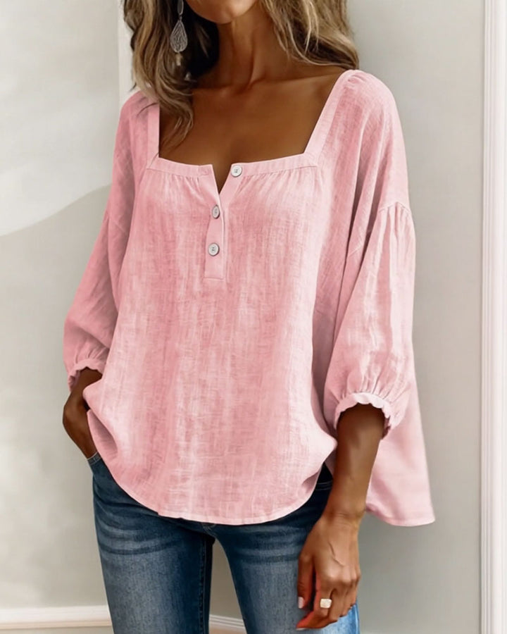 Women's Linen Blouse Square Neck Long Sleeve Casual Top Shirt