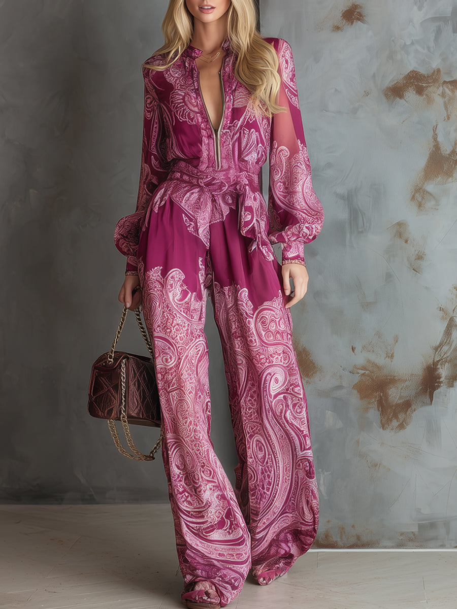 Women's Satin Paisley Wide Leg Jumpsuit Long Sleeve Evening Romper