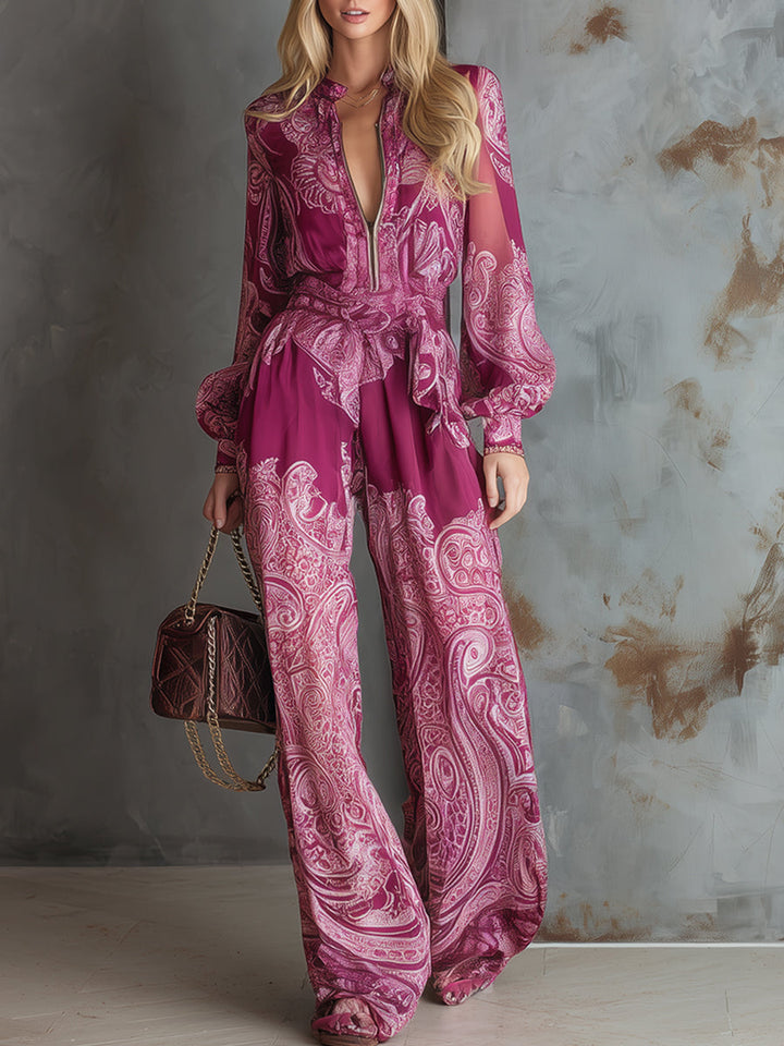 Women's Satin Paisley Wide Leg Jumpsuit Long Sleeve Evening Romper