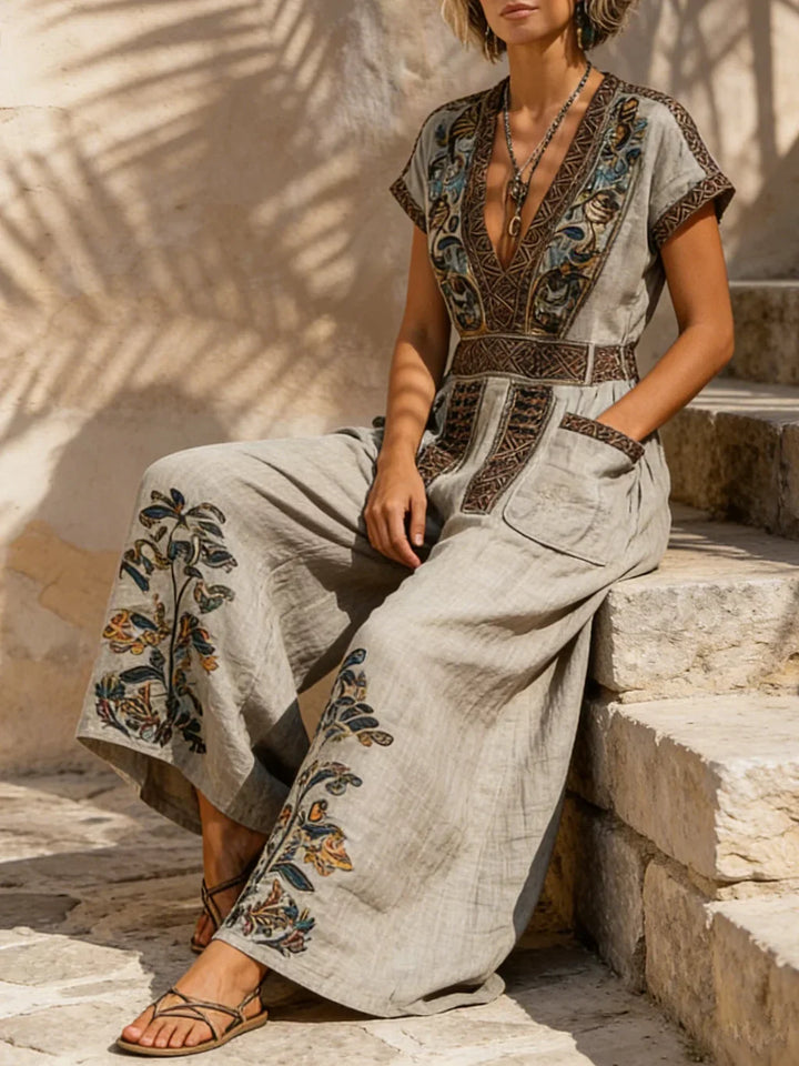 Women's Boho Printed Linen V-Neck Wide Leg Jumpsuit
