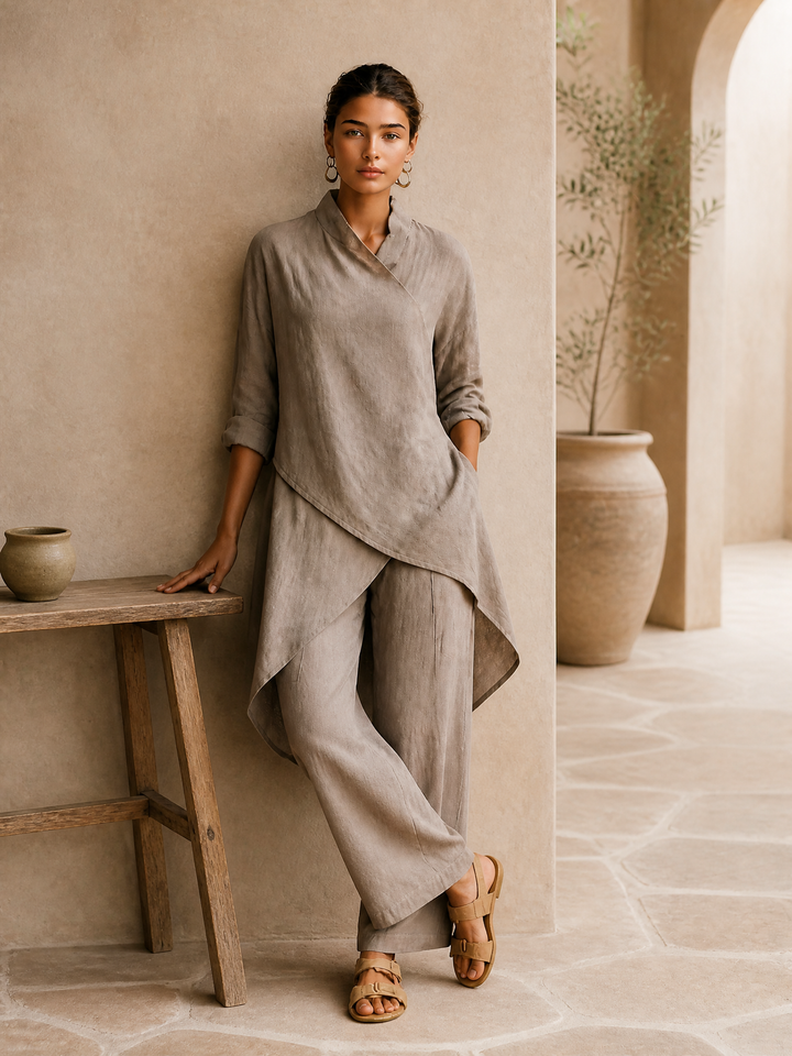 Women's Linen Asymmetrical Tunic Top and Wide Leg Pants Set