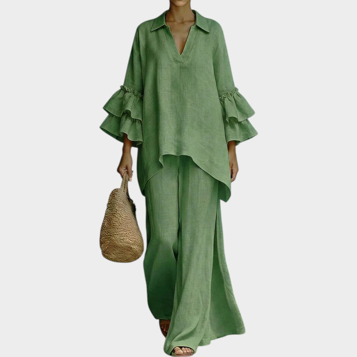 Women's Linen Ruffle 2 Piece Set Wide Leg Pants Coord