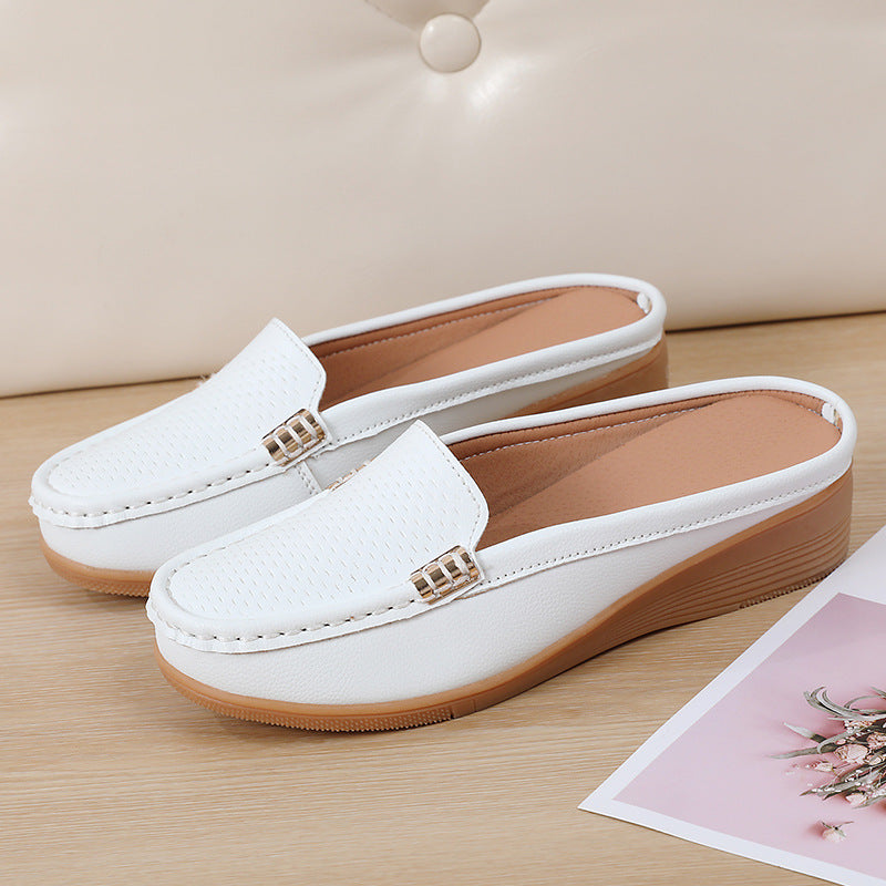 Women's Leather Mules Wedge Loafers Slip On Shoes