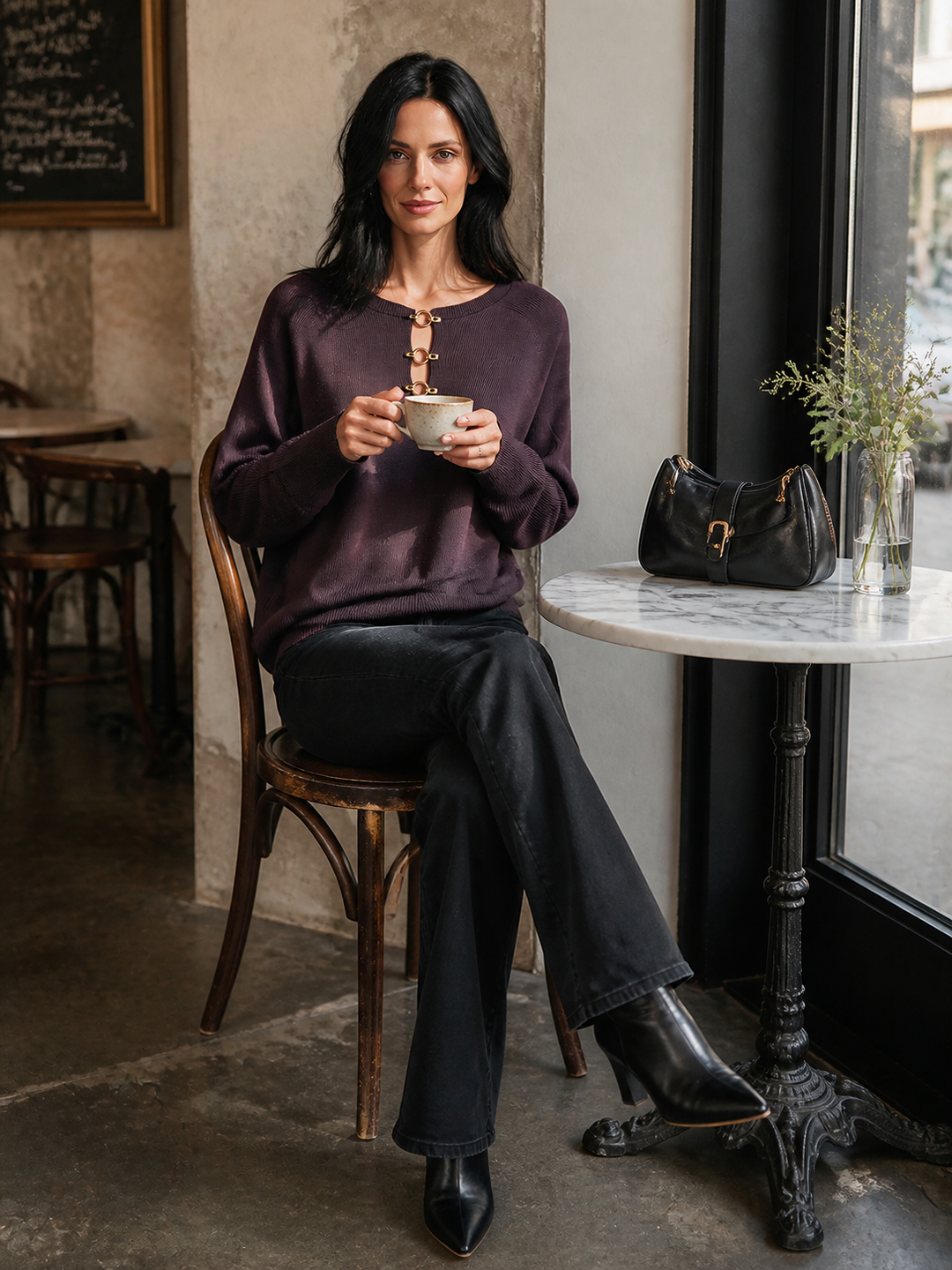 Pull-over en maille pour femme, coupe ample, manches longues et col ras du cou