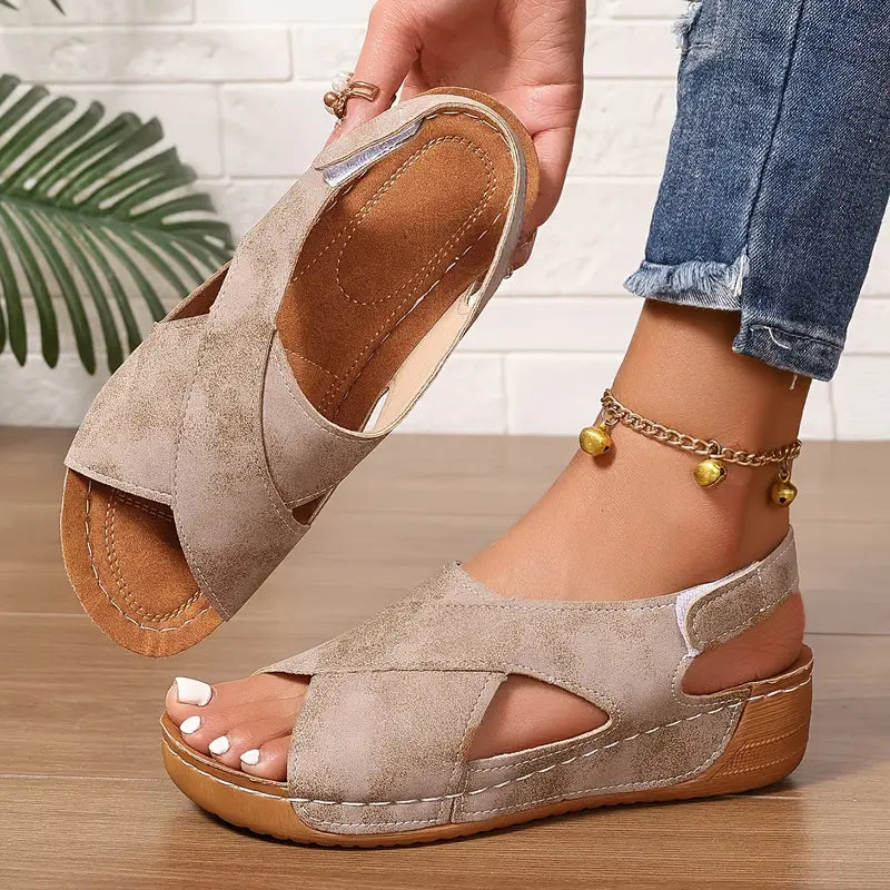 Women’s Leather Orthopedic Cross-Strap Slingback Wedges