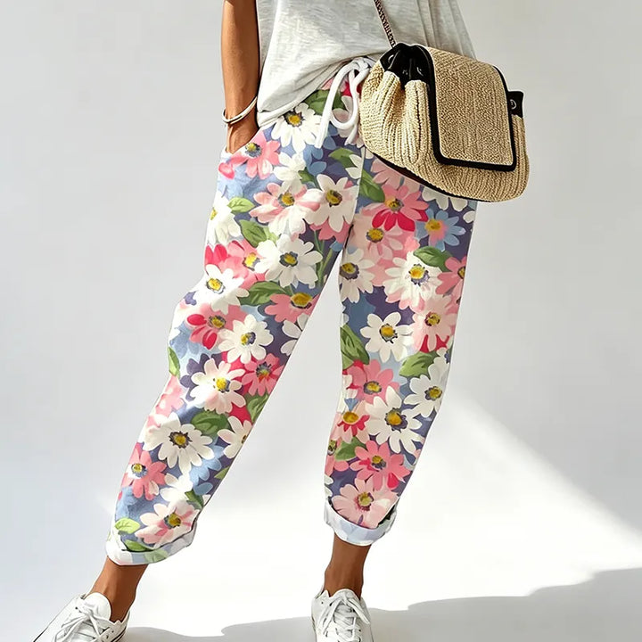 Women's Floral Print Trousers Casual Loose Fit Linen Joggers