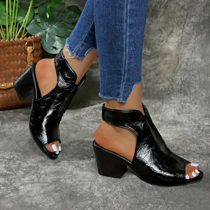Women's Leather Open Toe Block Heel Mules