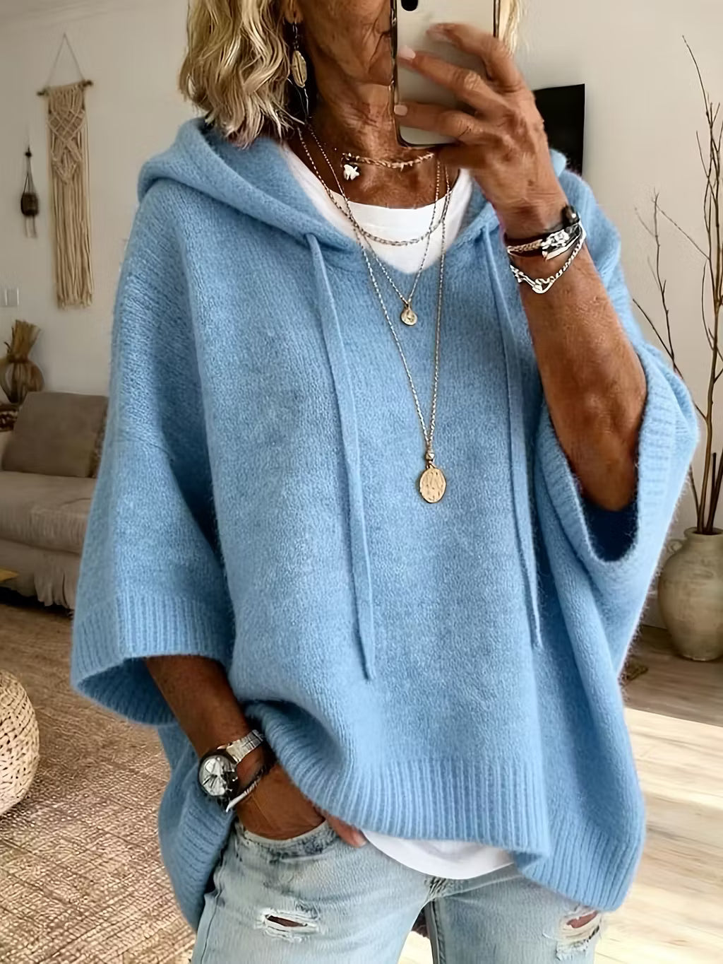 Pull à capuche pour femme, en maille douce mélangée, à manches longues