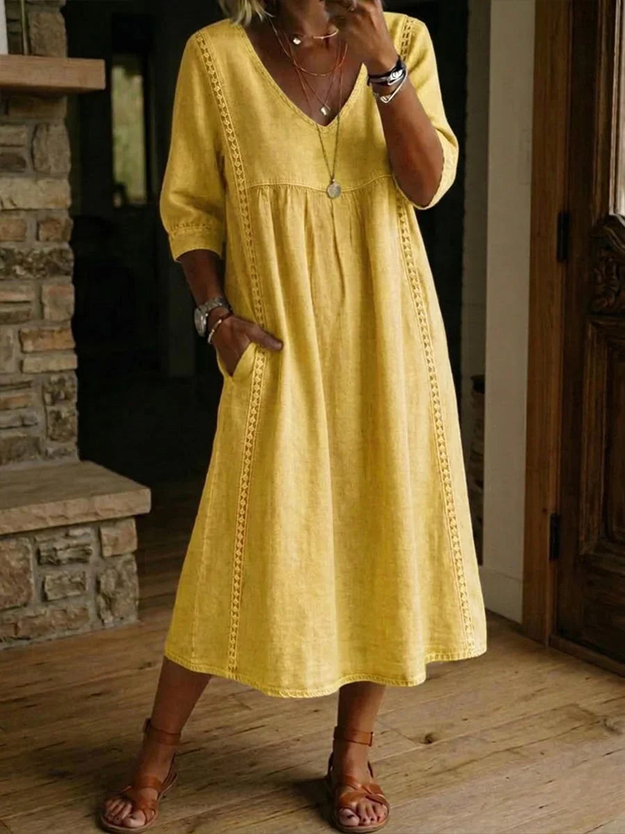 Women's Loose Fit Linen V-Neck Long Sleeve Midi Dress