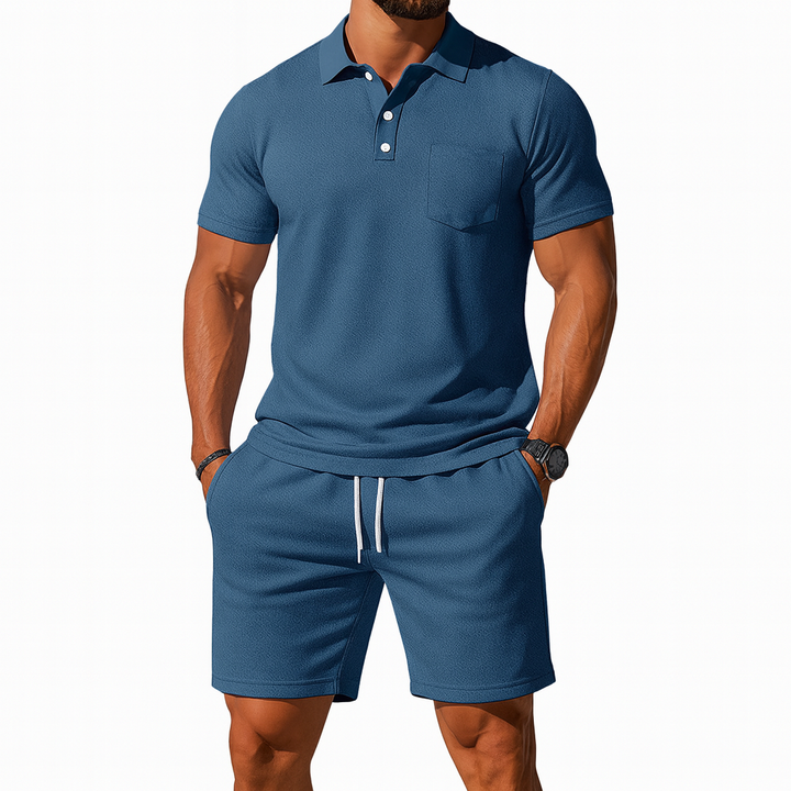Men's Knit Polo and Shorts Set Linen Blend Co-ord Two Piece Outfit