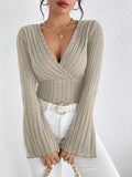 Women's Knit V-Neck Jumper Ribbed Flare Sleeve Pullover