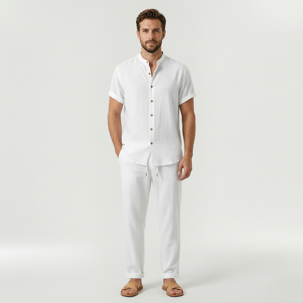 Men's Linen Casual Short Sleeve Shirt and Trousers 2 Piece Set