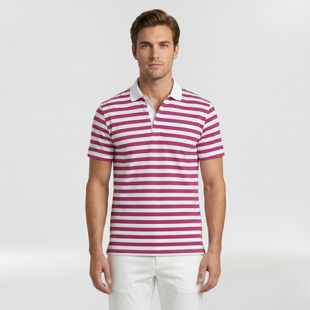 Knit Polo Shirt Men's Striped Short Sleeve Merino Wool Top