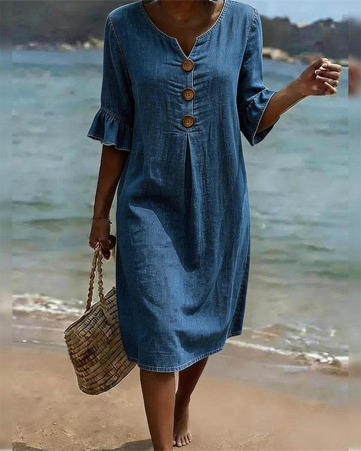 Linen V Neck Flute Sleeve Midi Dress for Women