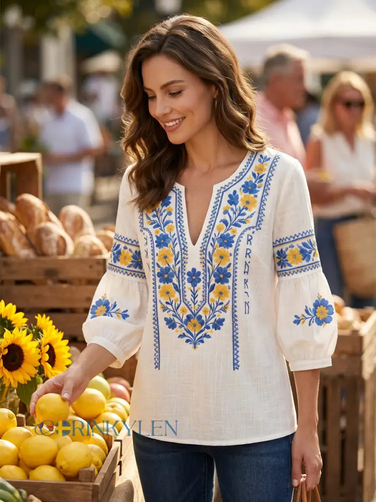 Women's Embroidered Linen Blouse Boho V Neck Top