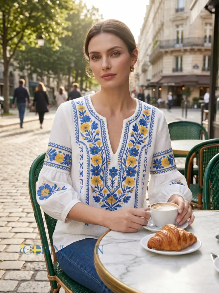 Women's Embroidered Linen Blouse Boho V Neck Top