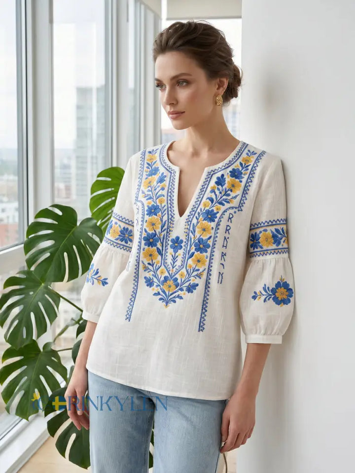 Women's Embroidered Linen Blouse Boho V Neck Top