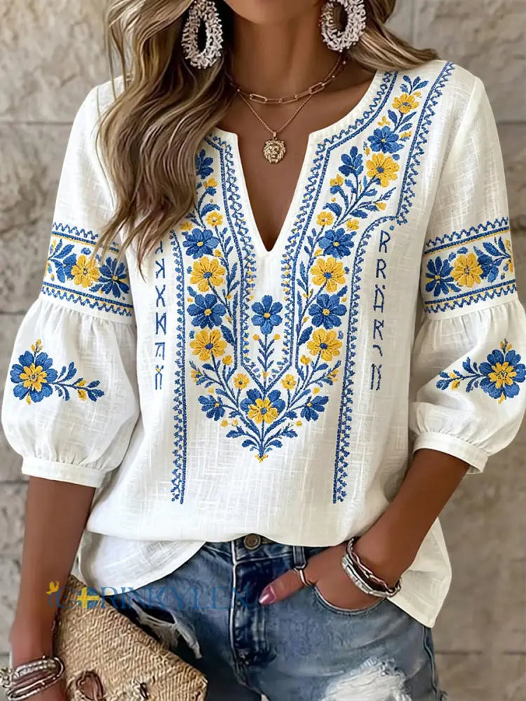Women's Linen Embroidered Blouse Boho V Neck Top