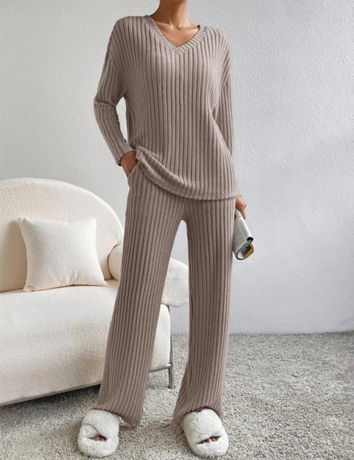 Women's Knit V-Neck Lounge Set Loungewear Co-ord Two-Piece Set