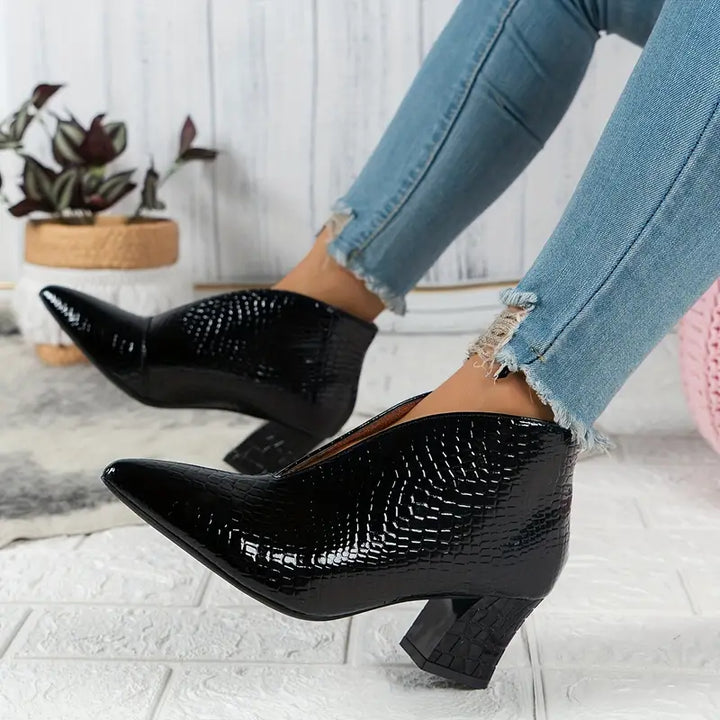 Women's Leather Pointed Toe V Cut Chunky Heel Ankle Boots