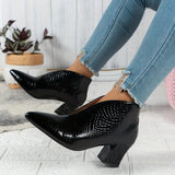 Women's Leather Pointed Toe V Cut Chunky Heel Ankle Boots