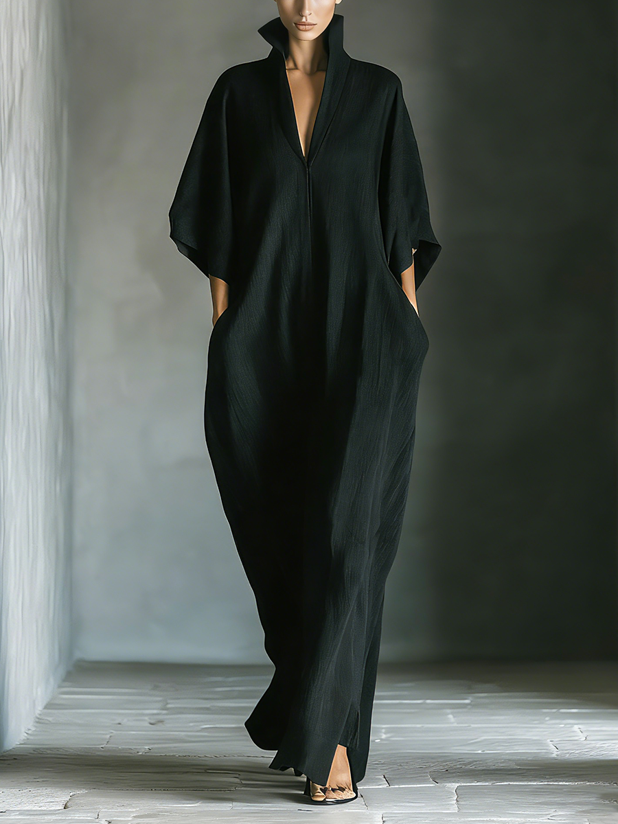 Robe longue pour femme en mélange de rayonne, coupe ample et oversize, manches kimono et col en V