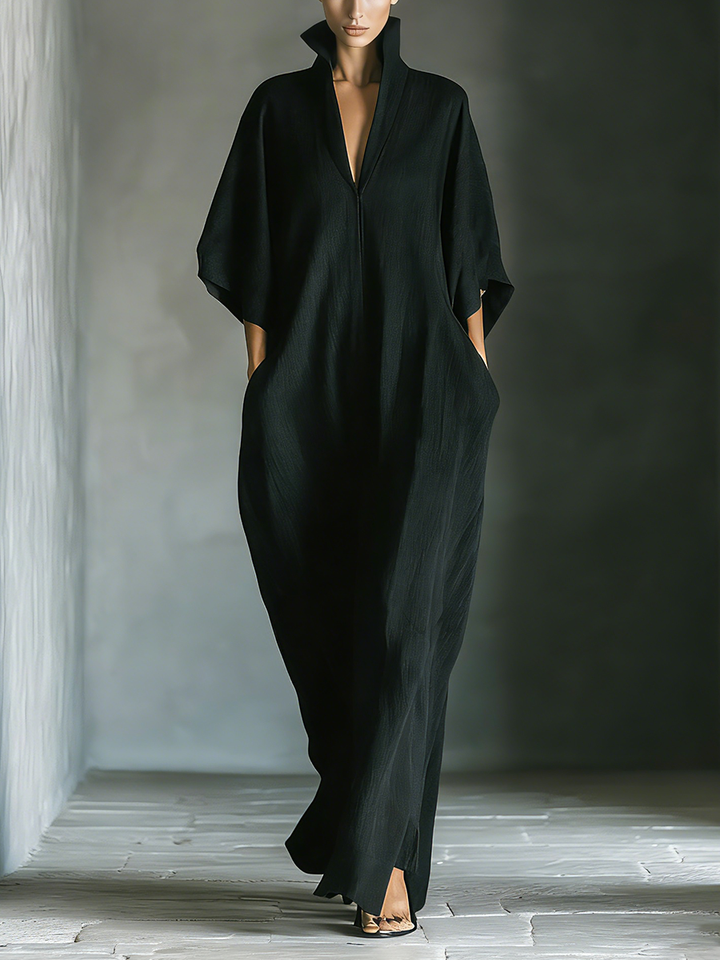 Robe longue pour femme en mélange de rayonne, coupe ample et oversize, manches kimono et col en V
