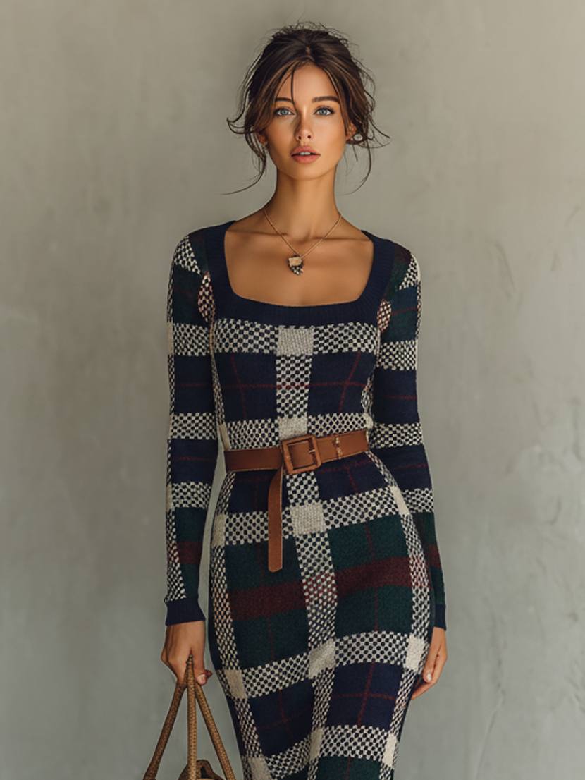 Women's Long Sleeve Knit Plaid Slim Fit Maxi Dress