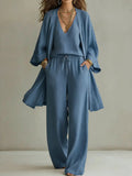 Women's Linen Loungewear Set 3-Piece Co-ord Wide Leg Trousers