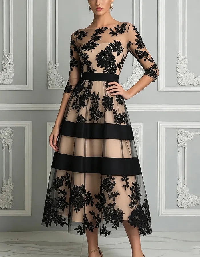 Women's Lace Mesh Cocktail Party A-Line Midi Dress